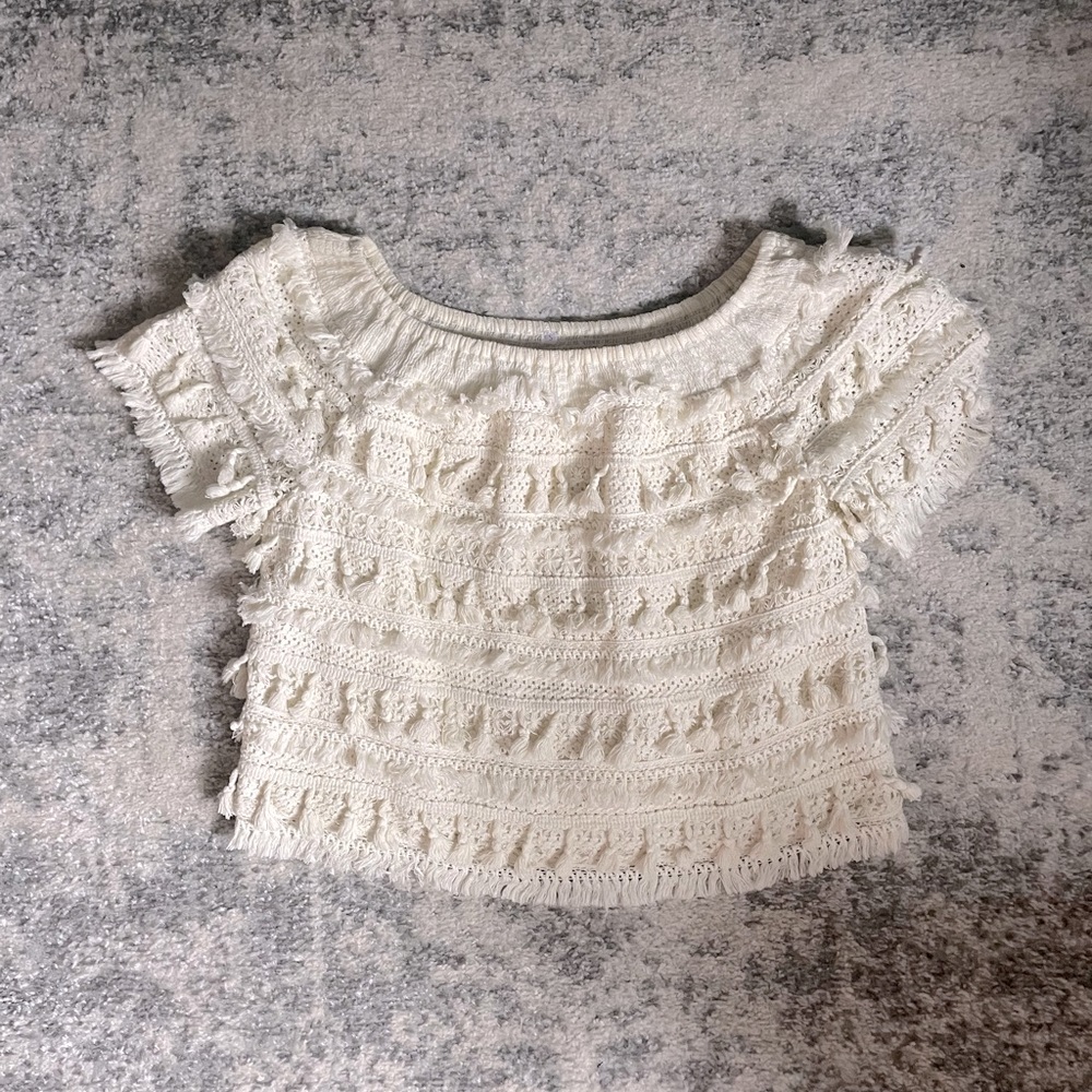Cute Bohemian Off-The-Shoulder Tassel Top | Size Small